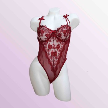 Bordo Dantel Body – Transparan ve Zarif Çiçek İşlemeli