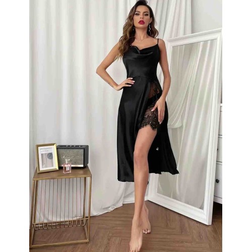 Dantel detaylı siyah saten uzun gecelik