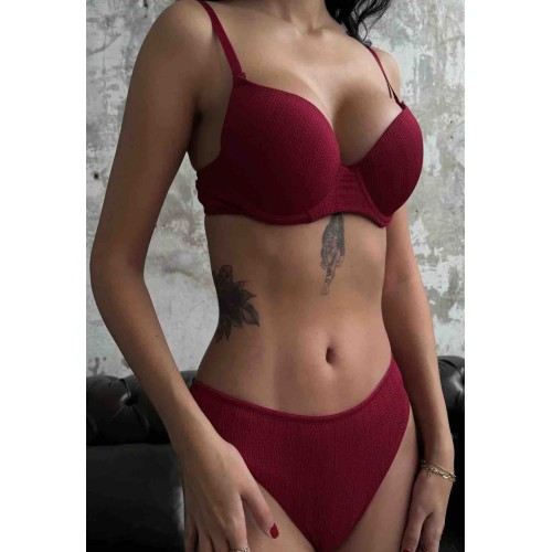 Bordo Destekli Sütyen Slip Takım