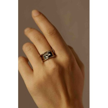 Zirkon taşlı gold çelik geniş yüzük 
