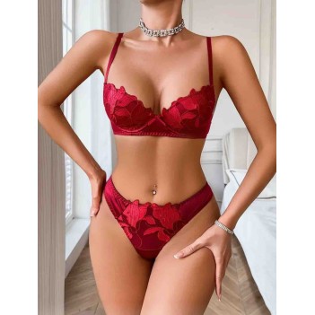 Bordo Dantel Detaylı Destekli Sütyen Külot Takımı 