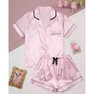 Pembe Çizgili Saten Pijama Takımı | Kısa Kollu Şortlu