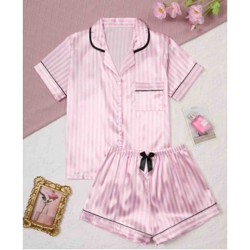 Pembe Çizgili Saten Pijama Takımı | Kısa Kollu Şortlu
