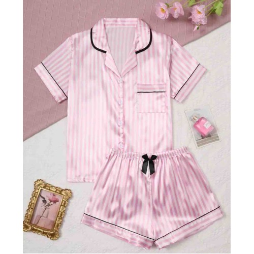 Pembe Çizgili Saten Pijama Takımı | Kısa Kollu Şortlu