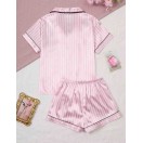 Pembe Çizgili Saten Pijama Takımı | Kısa Kollu Şortlu