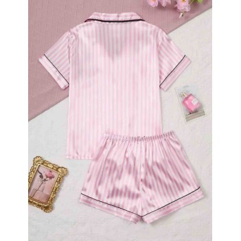 Pembe Çizgili Saten Pijama Takımı | Kısa Kollu Şortlu