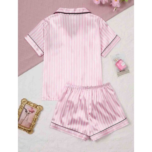 Pembe Çizgili Saten Pijama Takımı | Kısa Kollu Şortlu