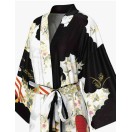 Siyah-Beyaz Desenli Uzun Saten Kimono Sabahlık
