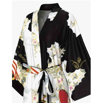 Siyah-Beyaz Desenli Uzun Saten Kimono Sabahlık