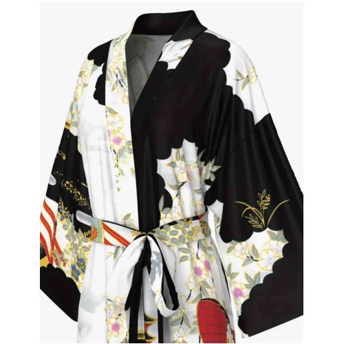 Siyah-Beyaz Desenli Uzun Saten Kimono Sabahlık