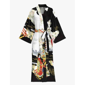 Siyah-Beyaz Desenli Uzun Saten Kimono Sabahlık