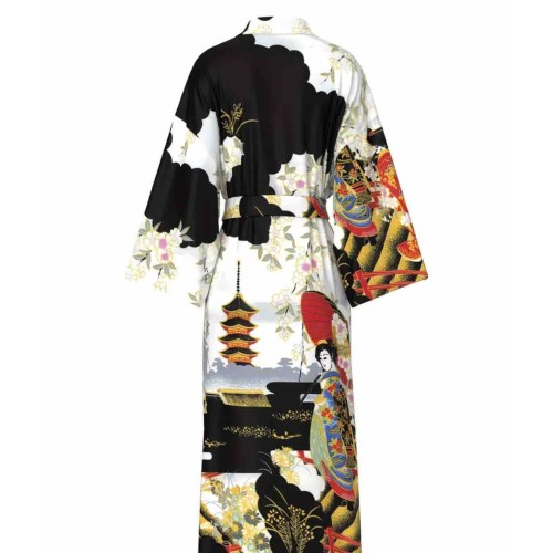 Siyah-Beyaz Desenli Uzun Saten Kimono Sabahlık