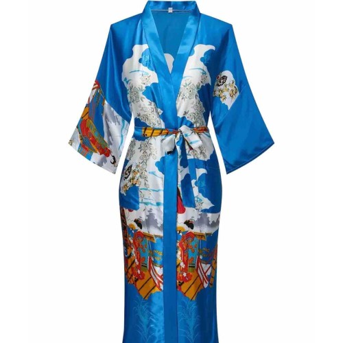Mavi Desenli Uzun Saten Kimono Sabahlık