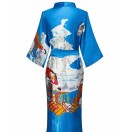 Mavi Desenli Uzun Saten Kimono Sabahlık