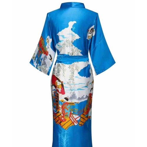 Mavi Desenli Uzun Saten Kimono Sabahlık