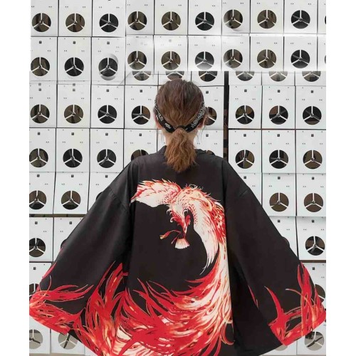 Kısa Siyah Kimono Alev Desenli - Streetwear Tarzı