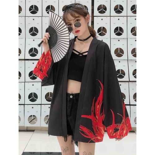 Kısa Siyah Kimono Alev Desenli - Streetwear Tarzı