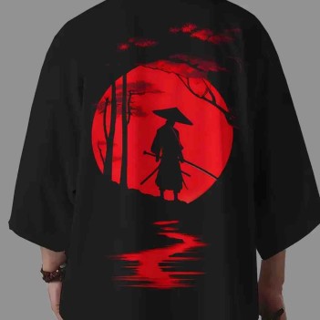 Samuray Baskılı Siyah Kimono - Unisex Sokak Modası 