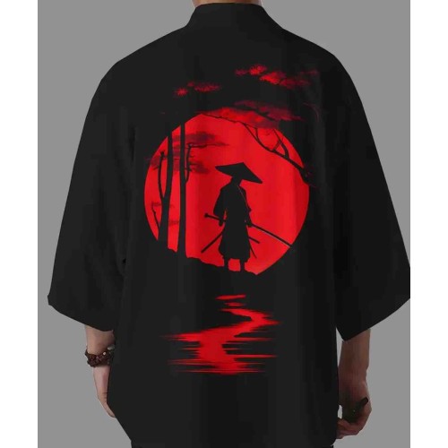 Samuray Baskılı Siyah Kimono - Unisex Sokak Modası