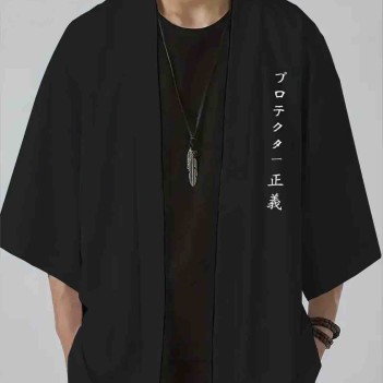 Samuray Baskılı Siyah Kimono - Unisex Sokak Modası 