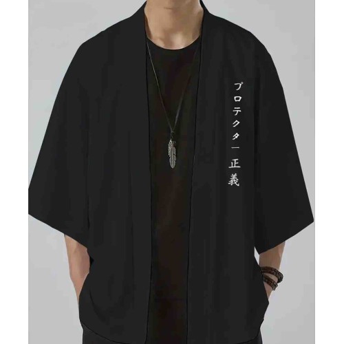 Samuray Baskılı Siyah Kimono - Unisex Sokak Modası