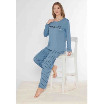 Mavi Uzun Kollu Puantiyeli Kadın Pijama Takımı 