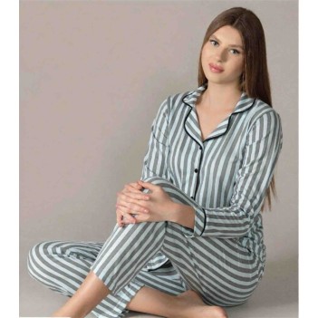 Mavi beyaz çizgili uzun kollu bayan pijama takımı 