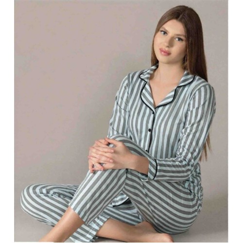 Mavi beyaz çizgili uzun kollu bayan pijama takımı