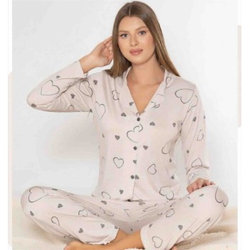 Kalp Desenli Uzun Kollu Kadın Pijama Takımı | Queenela