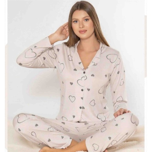 Kalp Desenli Uzun Kollu Kadın Pijama Takımı | Queenela