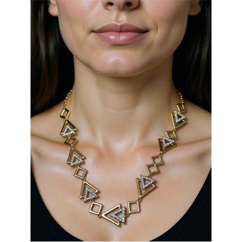 Geometrik Tasarımlı Altın Renkli Taşlı Kolye