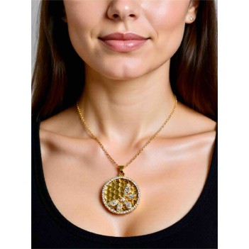 Yeşil Taşlı Bal Peteği Desenli Arı Figürlü Kolye | 