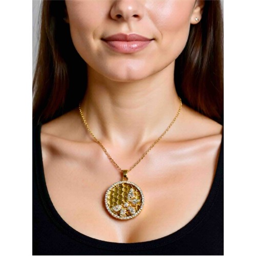 Yeşil Taşlı Bal Peteği Desenli Arı Figürlü Kolye |