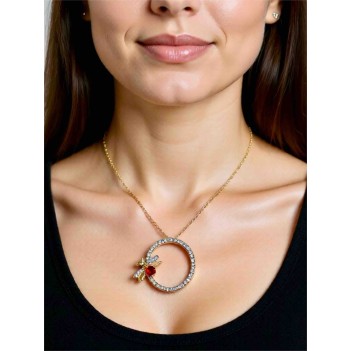 Kırmızı Taşlı Arı Figürlü Yuvarlak Kolye | 