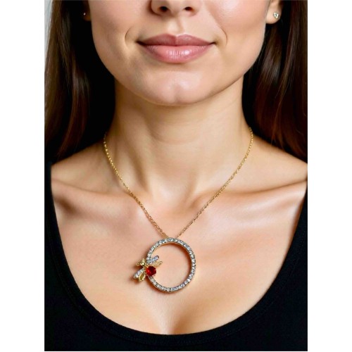 Kırmızı Taşlı Arı Figürlü Yuvarlak Kolye |