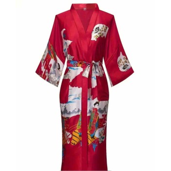 Kırmızı Desenli Saten Kimono Sabahlık – Japon Esintili Şık Tasarım