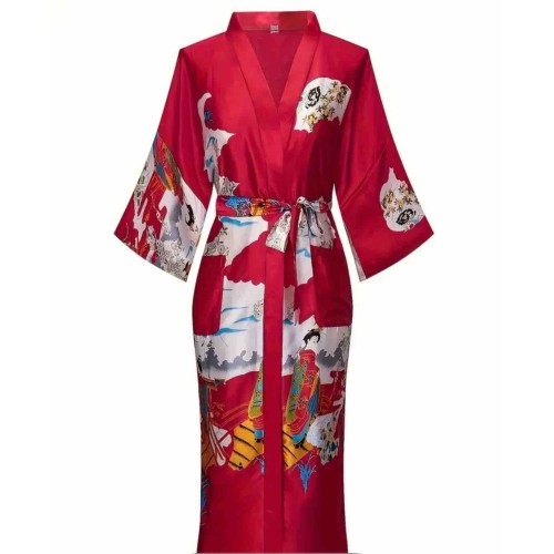 Kırmızı Desenli Saten Kimono Sabahlık – Japon Esintili Şık Tasarım