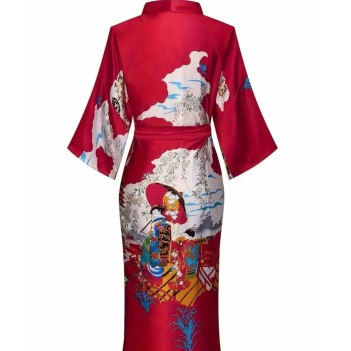 Kırmızı Desenli Saten Kimono Sabahlık – Japon Esintili Şık Tasarım