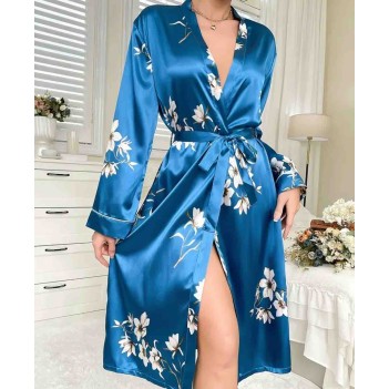 Mavi Çiçek Desenli Saten Kimono Sabahlık – Şık ve Zarif Ev Giyim