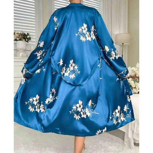 Mavi Çiçek Desenli Saten Kimono Sabahlık – Şık ve Zarif Ev Giyim