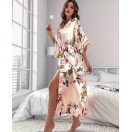 Bej Çiçek Desenli Saten Kimono Sabahlık – Romantik ve Zarif Ev Giyim