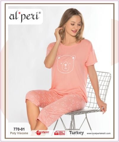 Alperi 770-01 (M-L-XL-XXL) Bayan Kısa Kollu Kapri Pijama Takım 4’lü – Pijama Takımı