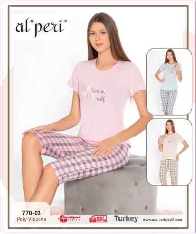 Alperi 770-03 (M-L-XL-XXL) Bayan Kısa Kollu Kapri Pijama Takım 4’lü – Pijama Takımı
