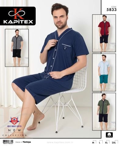 Kapitex 5833 Erkek Kısa Kol Boydan Düğmeli Kapri Pijama Takım 4’lü – Pijama Takımı