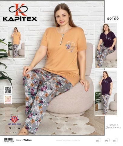 Kapitex 59109 Bambu Ring Viskon Battal Beden Bayan Uzun Kol Pijama Takım 3’lü – Pijama Takımı