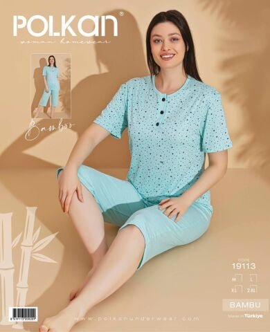 Polkan 19113 (M-L-XL-2XL) Kısa Kollu Kapri Bayan Bambu Pijama Takım 4'lü - Pijama Takımı