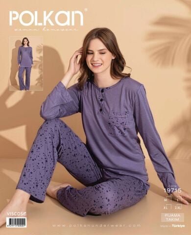 Polkan 19715 (M-L-XL-XXL) Viskon Uzun Kollu Bayan Pijama Takım 4’lü – Pijama Takımı