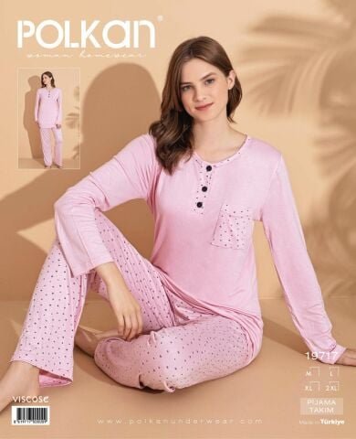 Polkan 19717 (M-L-XL-XXL) Viskon Uzun Kollu Bayan Pijama Takım 4’lü – Pijama Takımı