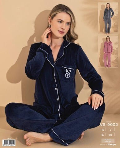 Polkan 9002 (M-L-XL-XXL) Kadife Uzun Kollu Boydan Düğmeli Bayan Pijama Takım 4’lü – Pijama Takımı