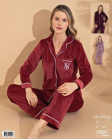 Polkan 9003 (M-L-XL-XXL) Kadife Uzun Kollu Boydan Düğmeli Bayan Pijama Takım 4’lü – Pijama Takımı